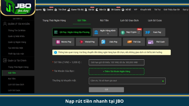 Nạp rút tiền nhanh tại JBO