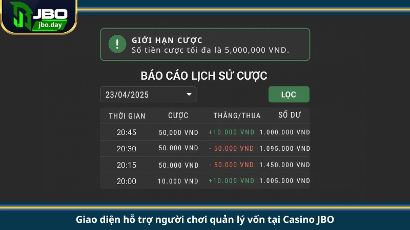 Giao diện hỗ trợ người chơi quản lý vốn tại Casino JBO